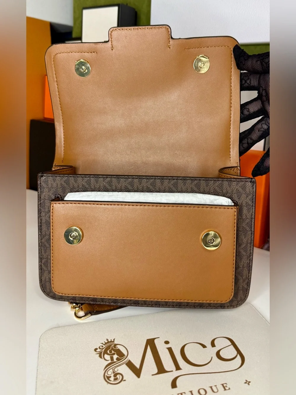 🆕MICHAEL KORS Ladies Heather Extra-Small Logo Leather Crossbody Bag Brown/Acorn